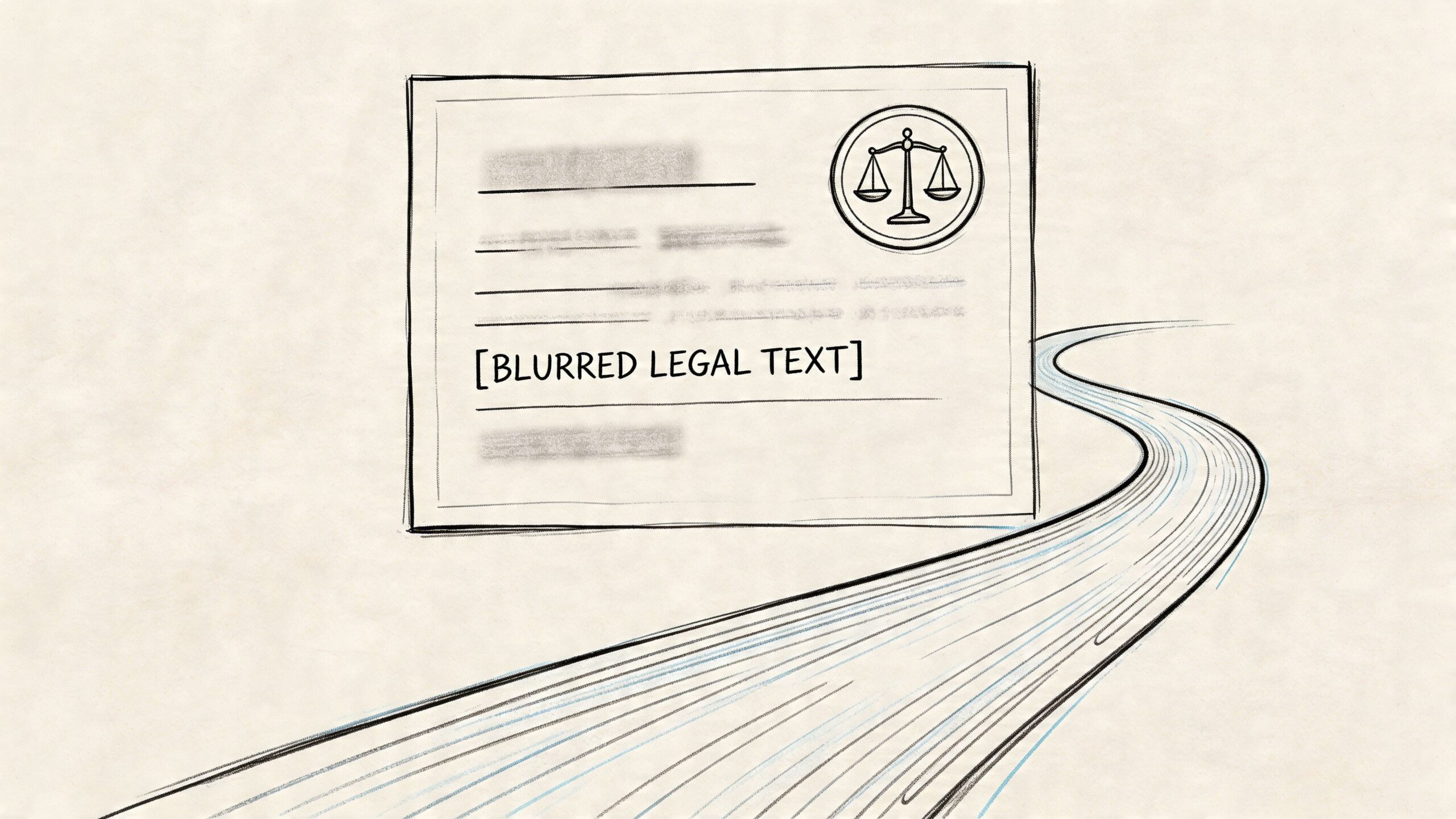 A conceptual illustration of a legal document floating above a winding road, symbolizing legal pathways and processes.