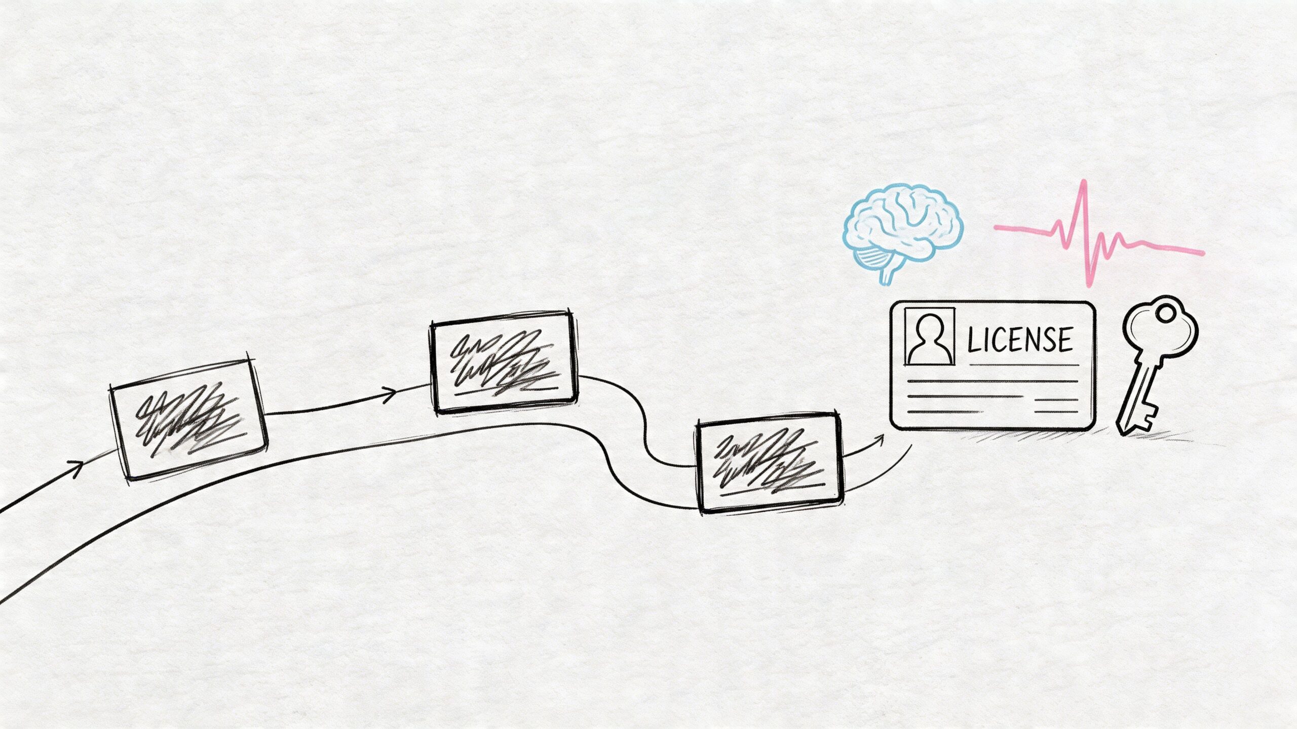 A hand-drawn flowchart showing a path leading to a driver's license, brain, and key icon.