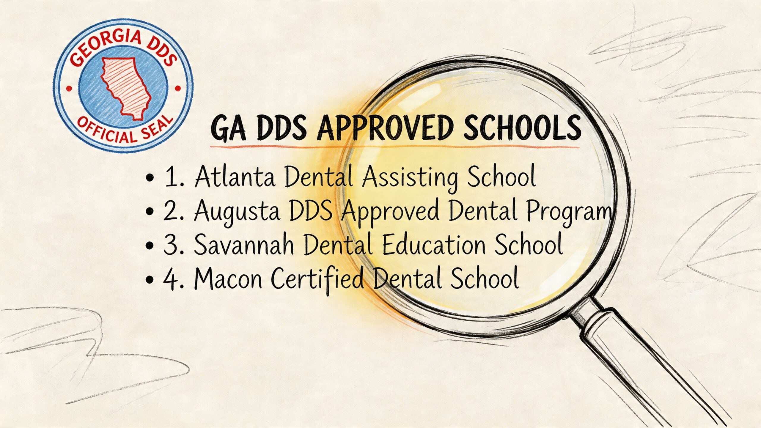 A list of four Georgia DDS approved dental schools displayed over a sketch of a magnifying glass.
