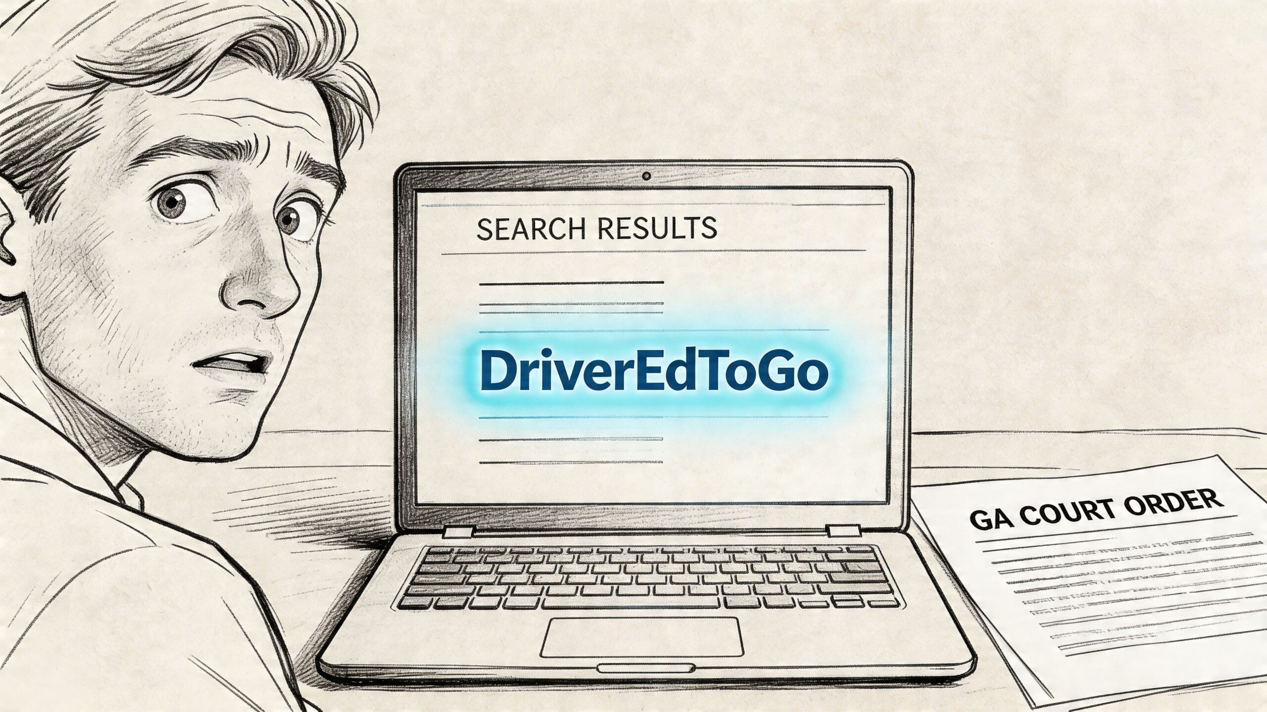 A sketched illustration of a worried person looking at a laptop screen displaying DriverEdToGo search results.