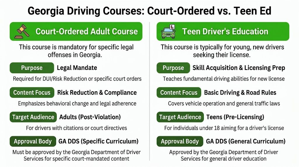 A comparison chart outlining differences between Georgia court-ordered adult courses and teen driver's education programs.