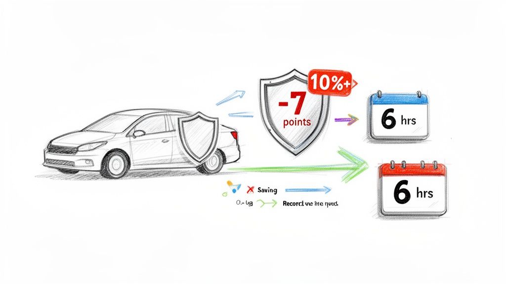 A sketch illustrating car protection, points reduction, and saved driving time.