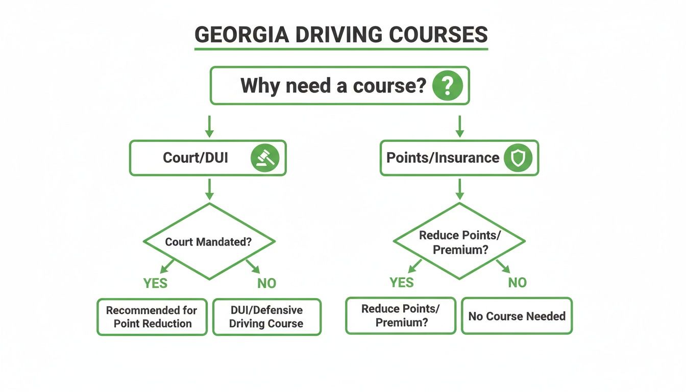 Flowchart explaining when Georgia driving courses are needed for court, DUI, point reduction, or insurance.