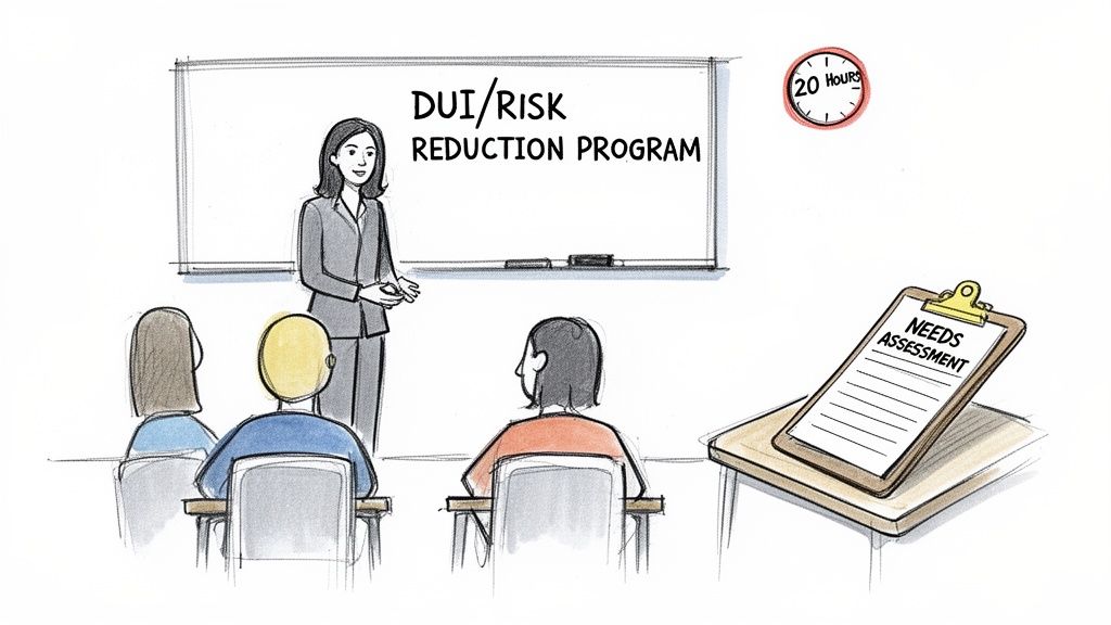 An instructor teaches students in a DUI/Risk Reduction Program classroom with a 'Needs Assessment' clipboard visible.