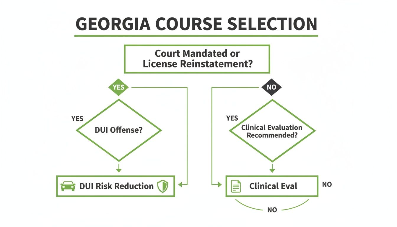 Flowchart showing Georgia course selection process for court-mandated, license reinstatement, DUI, or clinical evaluations.