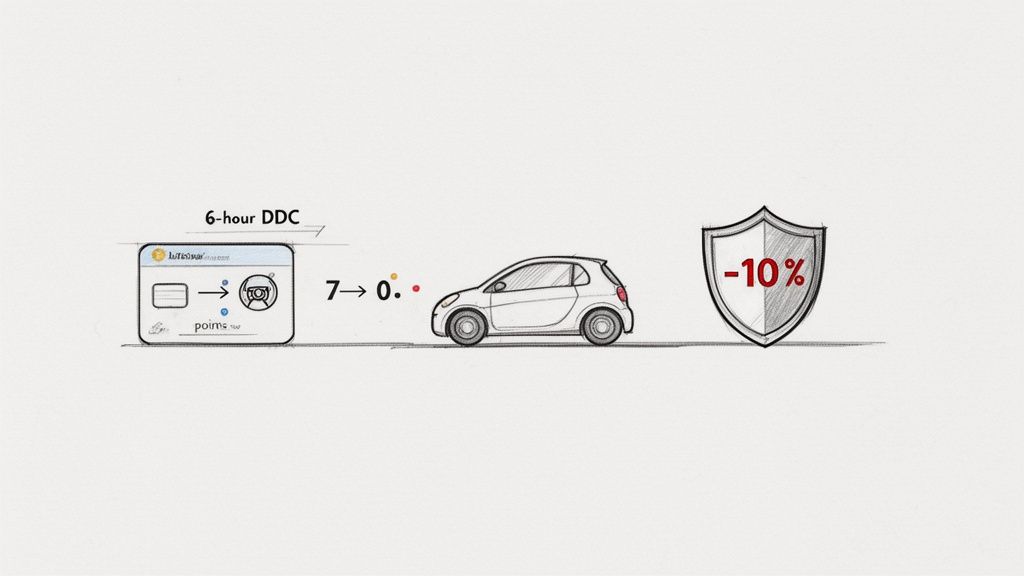 Diagram illustrates a 6-hour driver development course reducing points and offering a 10% benefit.