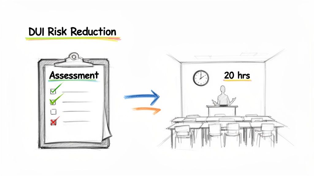 Graphic depicting DUI risk reduction: an assessment leading to a 20-hour educational course.