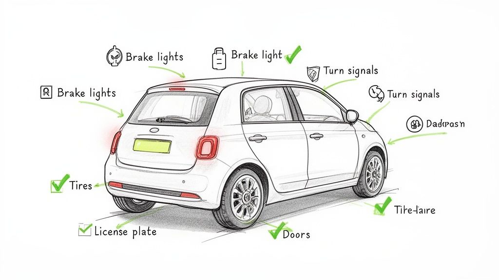 An illustrated car checklist for a road test, highlighting brake lights, turn signals, tires, and doors.