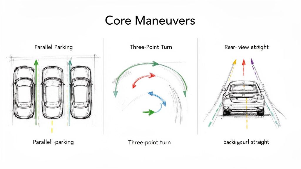 Illustrations of core driving maneuvers: parallel parking, three-point turn, and backing straight practice.