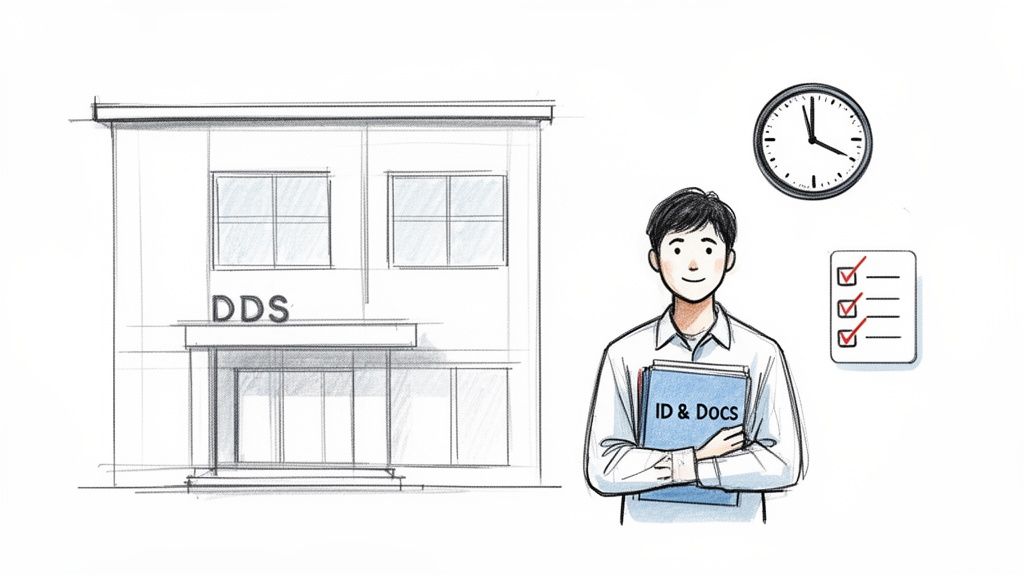 Illustration of a person with documents near a DDS building, a clock, and a checklist, ready for a driving test.