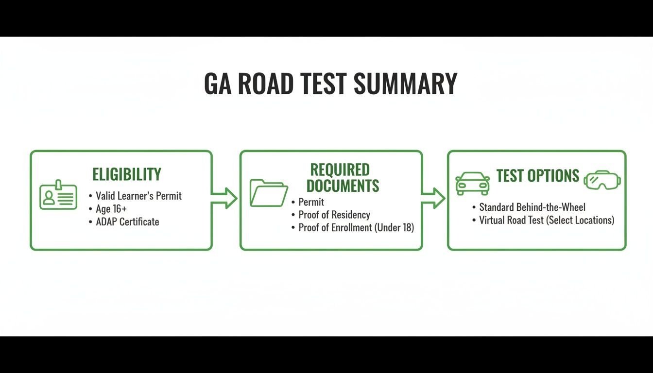 A flowchart summarizing the Georgia road test requirements including eligibility, required documents, and test options.