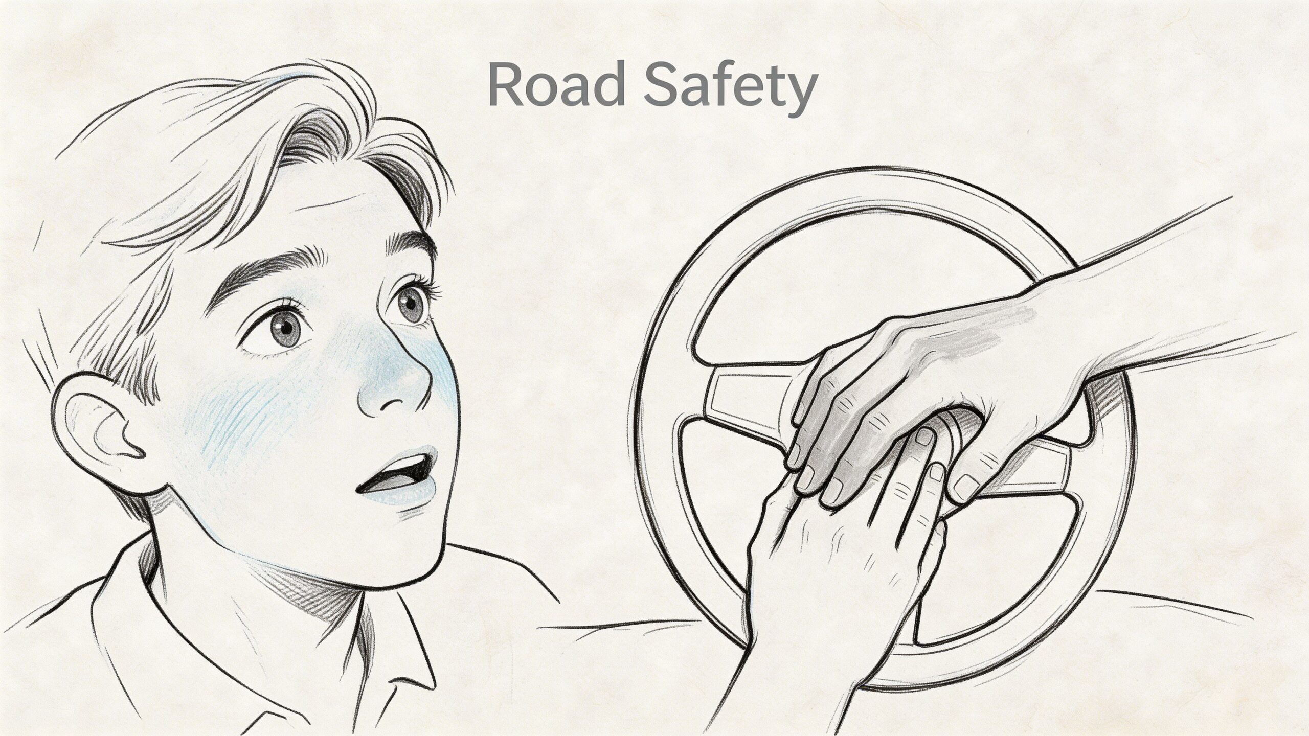 A driving instructor guides a young student's hands on a steering wheel during a driving lesson.