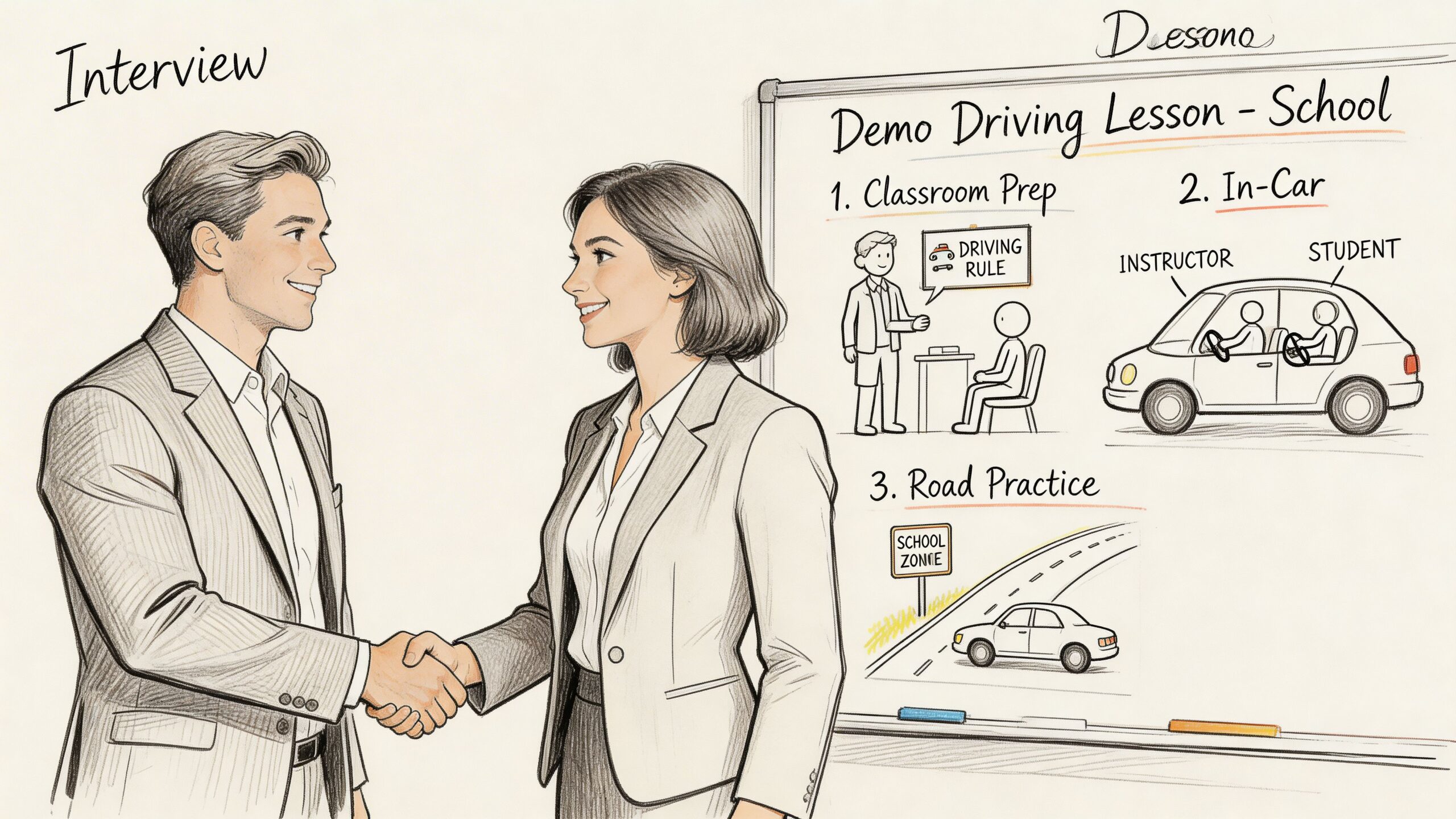A professional man and woman shaking hands in front of a whiteboard explaining driving school lessons.