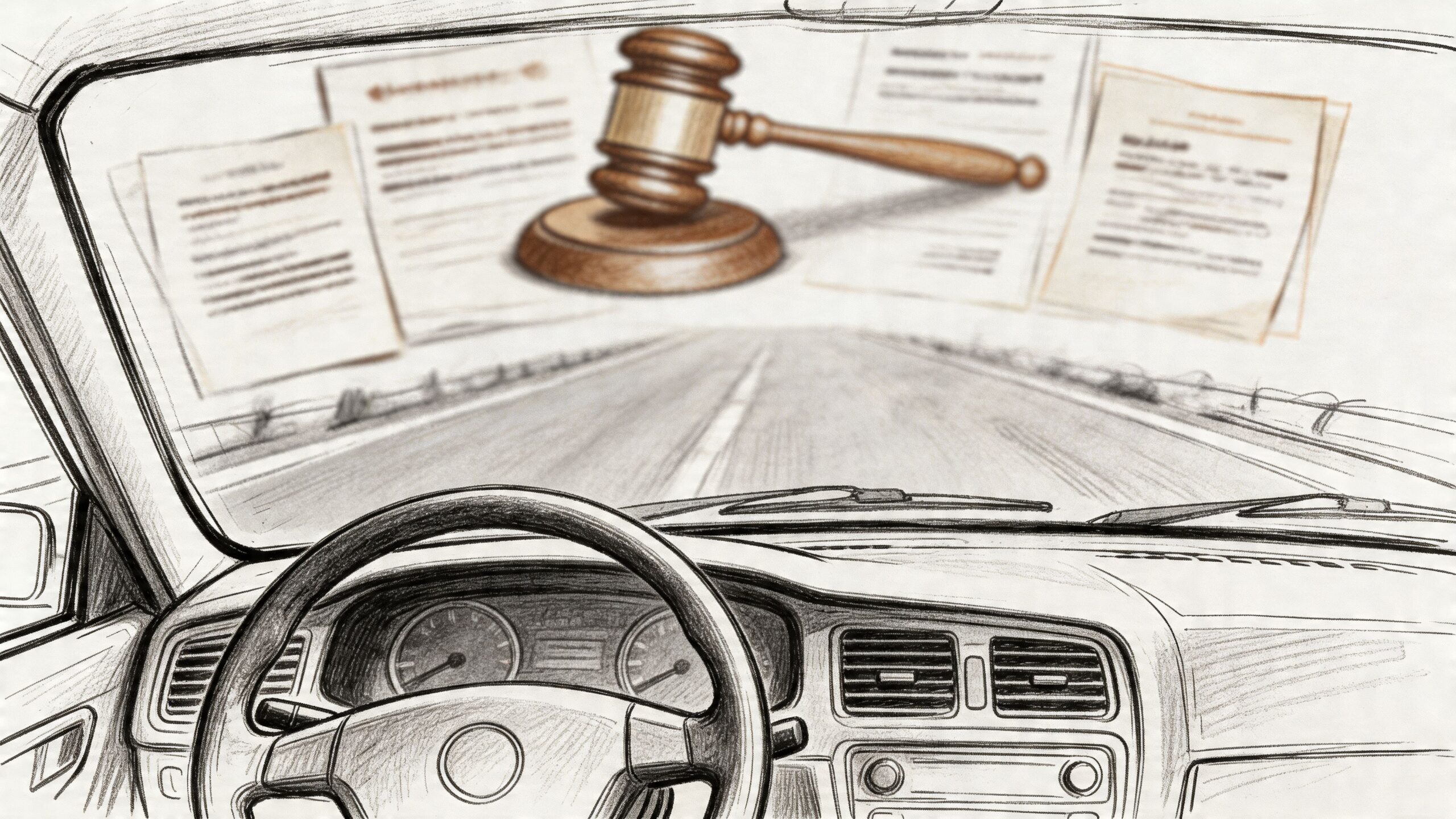 A pencil sketch of a car dashboard view looking out onto a road with a judge's gavel.