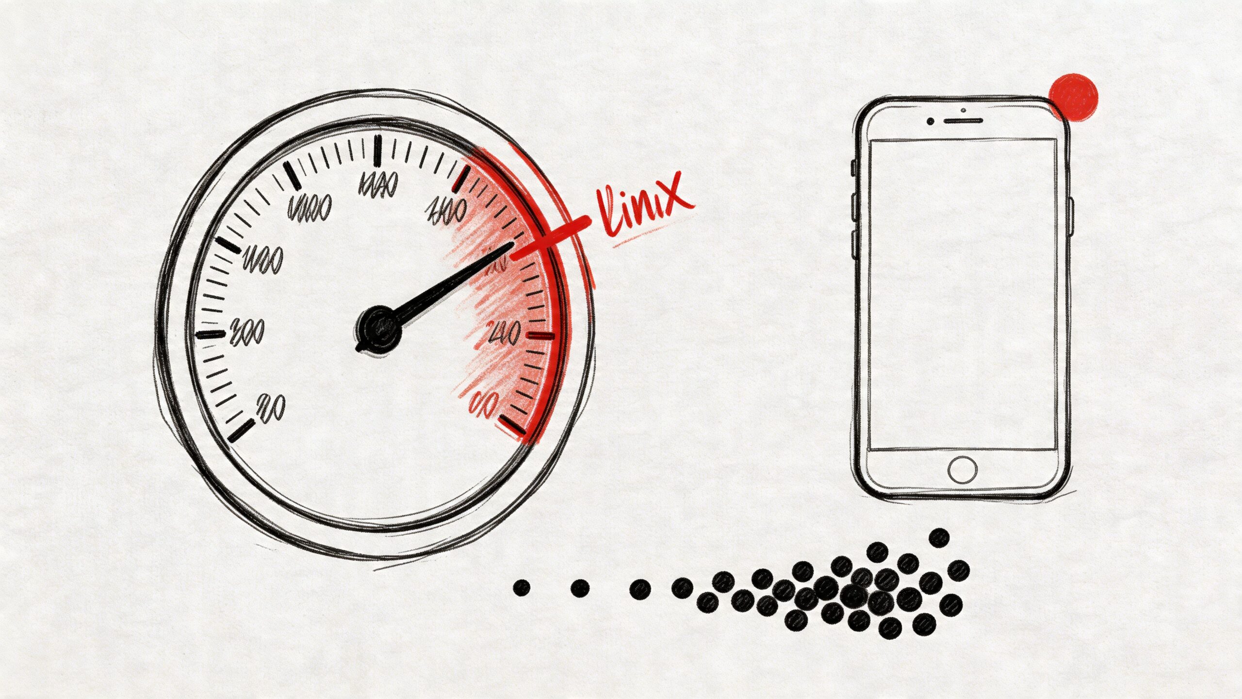 A hand-drawn sketch of a speedometer pointing to the red zone near a smartphone.
