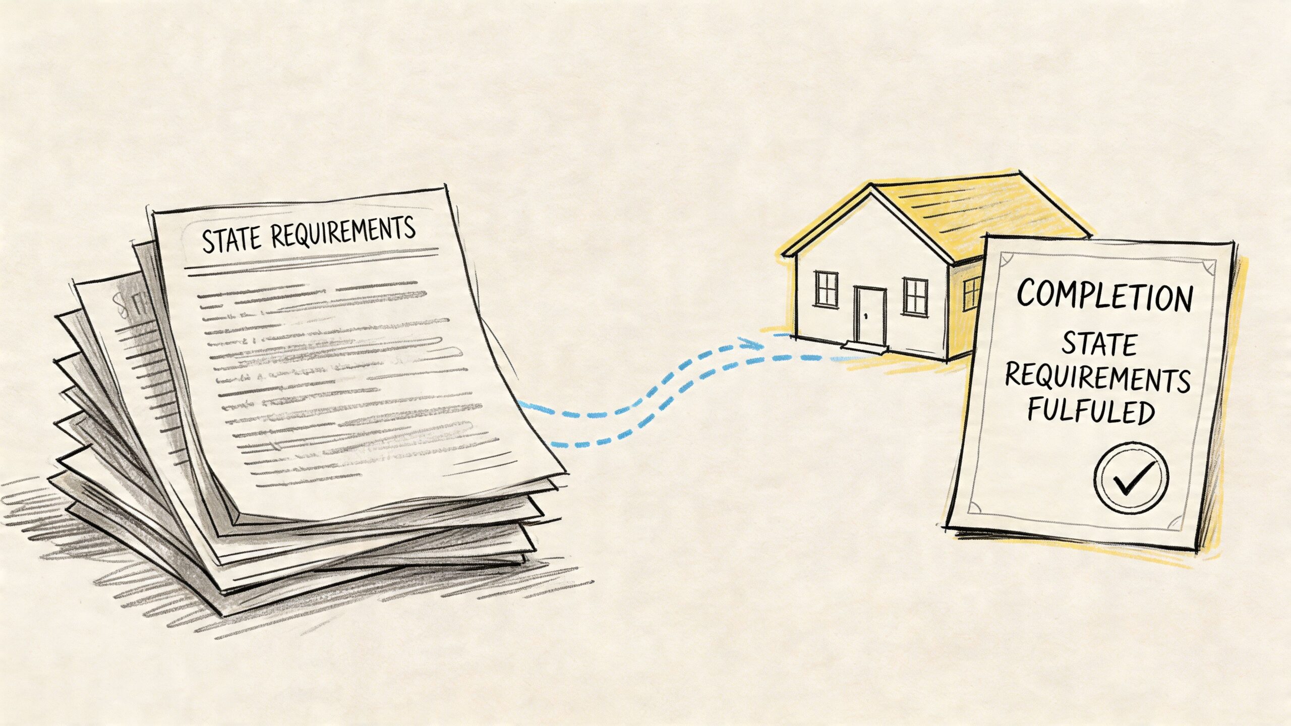 A conceptual illustration showing a stack of state requirement documents leading to a completed certification for a house.