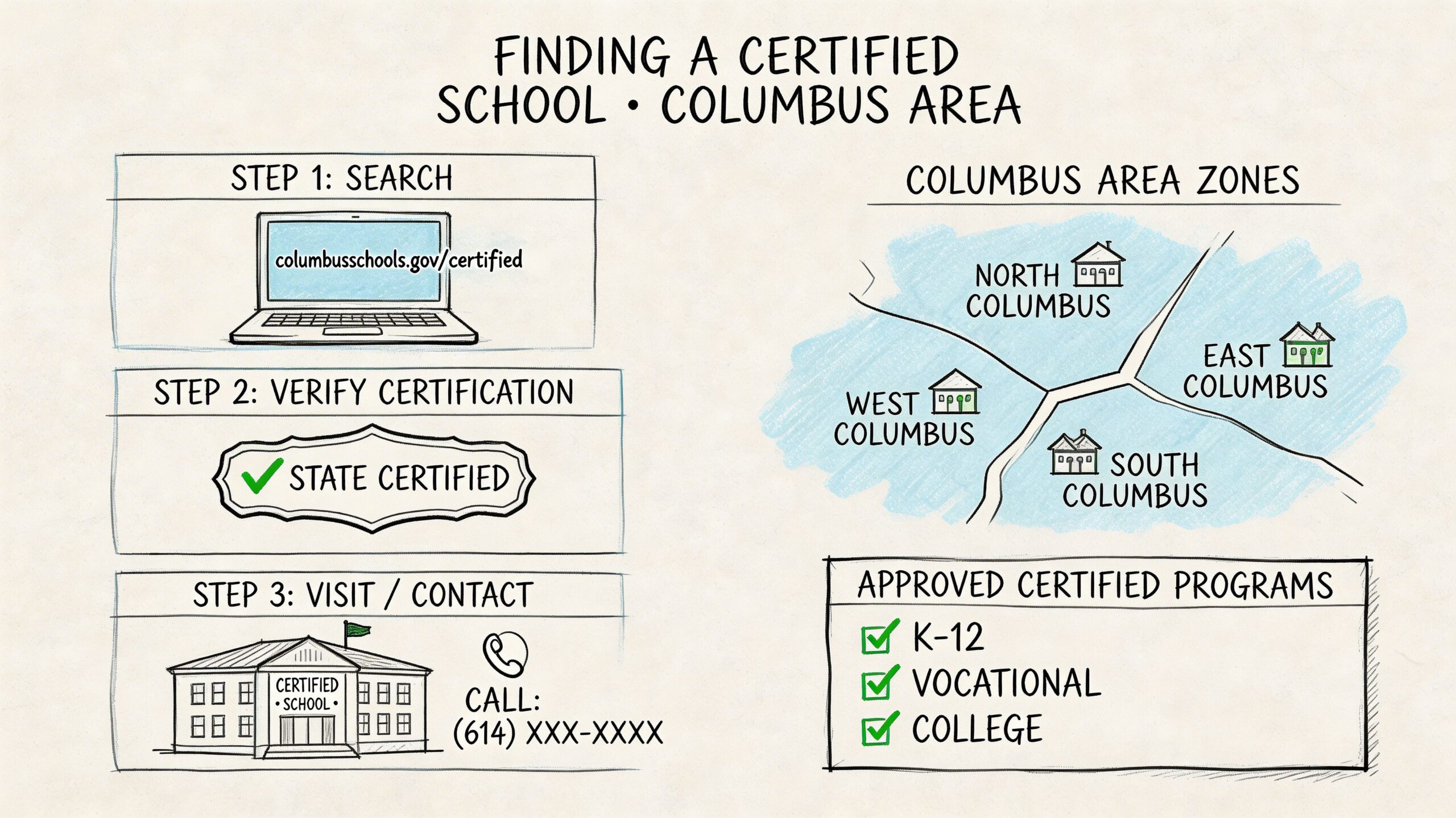 An infographic illustrating the three steps to find a state certified school in the Columbus area.