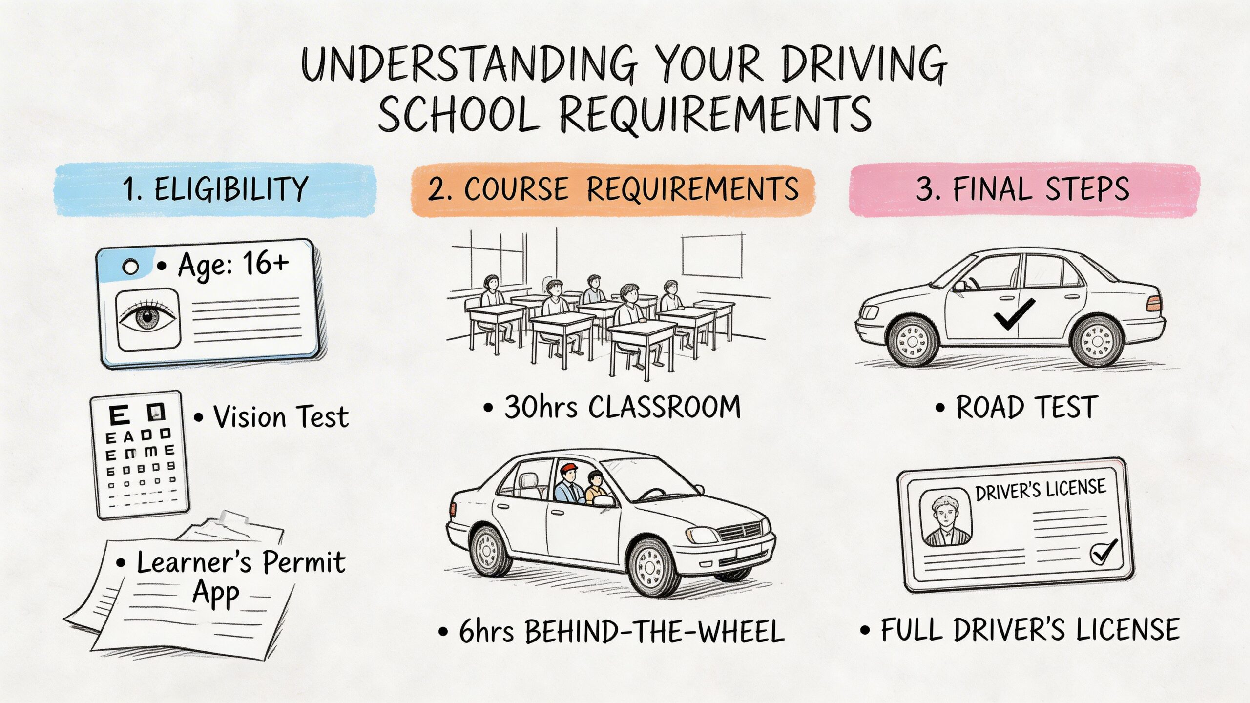 An infographic showing the three steps to get a driver license including eligibility, coursework, and final steps.
