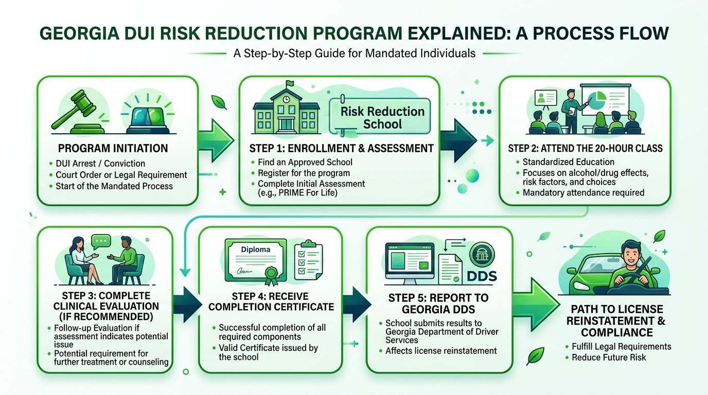 A flowchart explaining the step-by-step process of the Georgia DUI risk reduction program for mandated individuals.