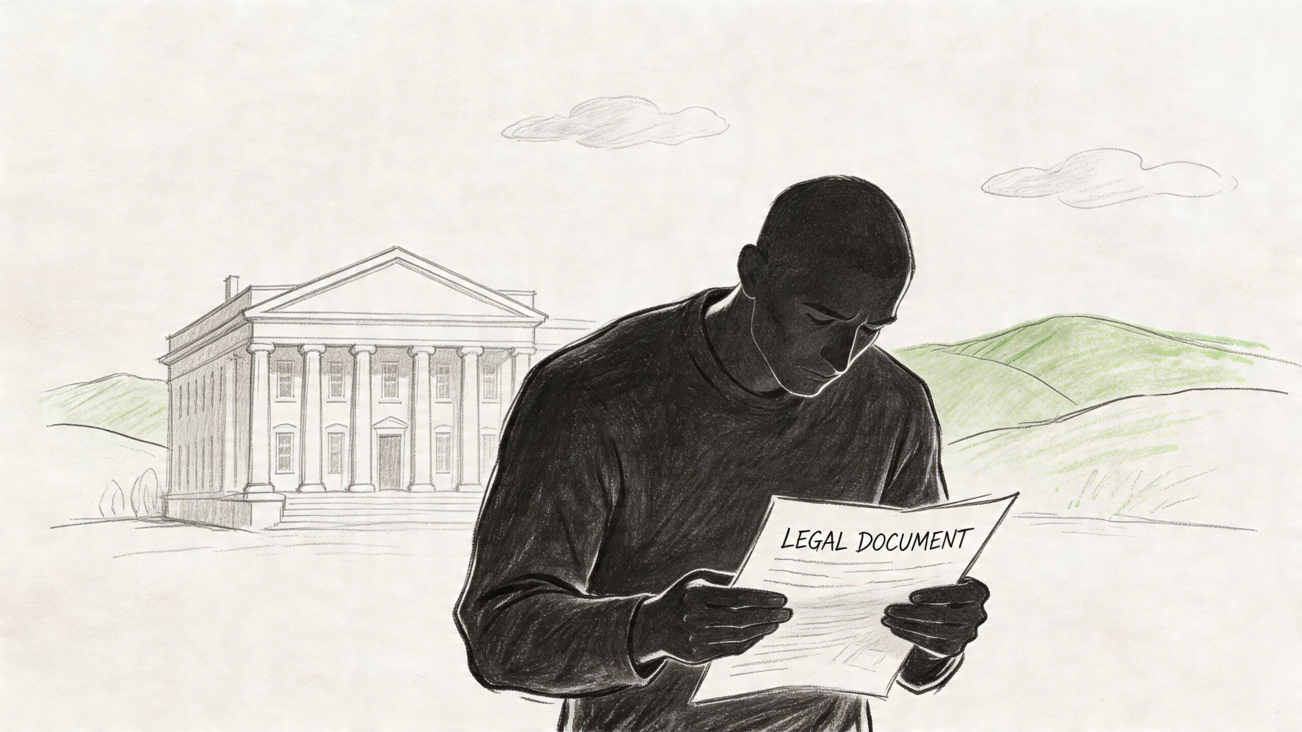 A charcoal-style illustration of a man reviewing a document in front of a government building.