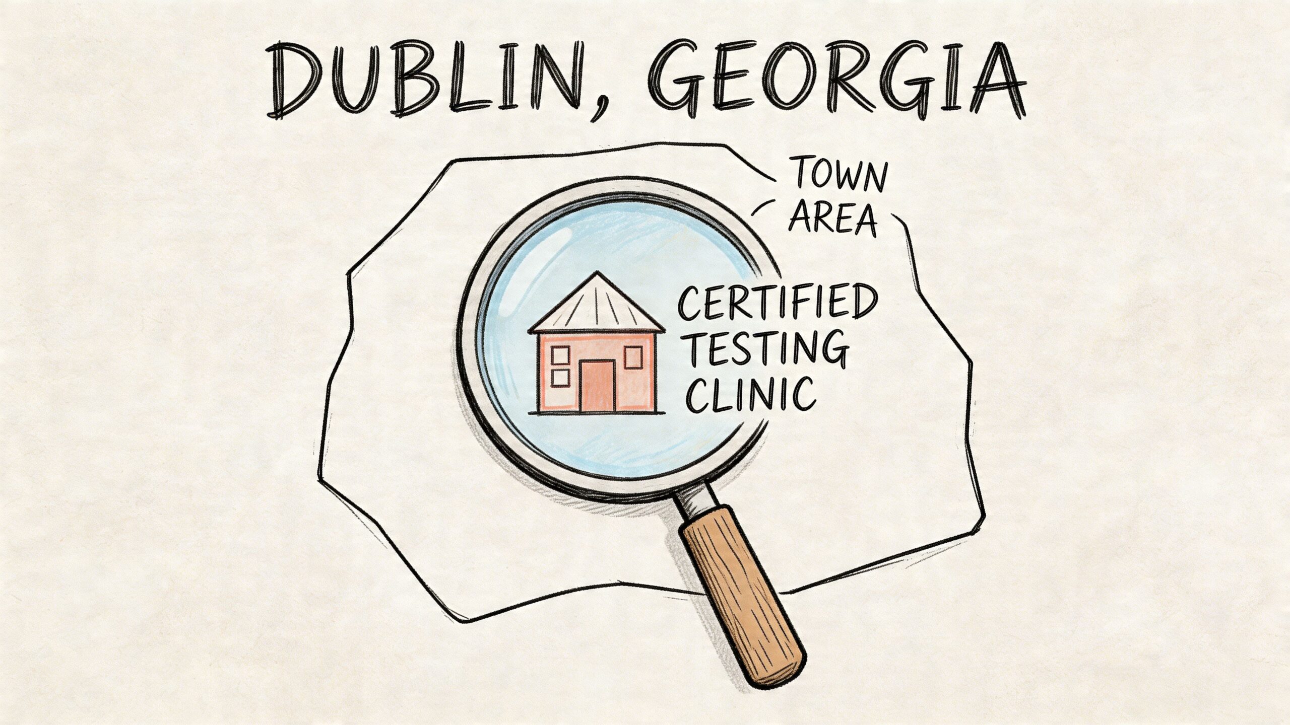 A magnifying glass focusing on a certified drug and alcohol testing clinic in Dublin, Georgia.