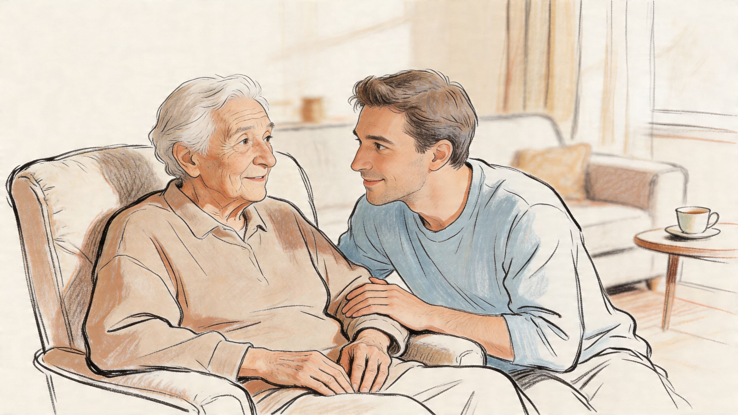 A young man gently comforting an elderly person sitting in a cozy armchair at home.