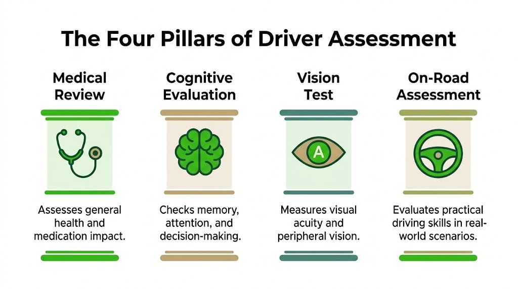 An infographic titled The Four Pillars of Driver Assessment, featuring four icons representing medical, cognitive, vision, and driving tests.