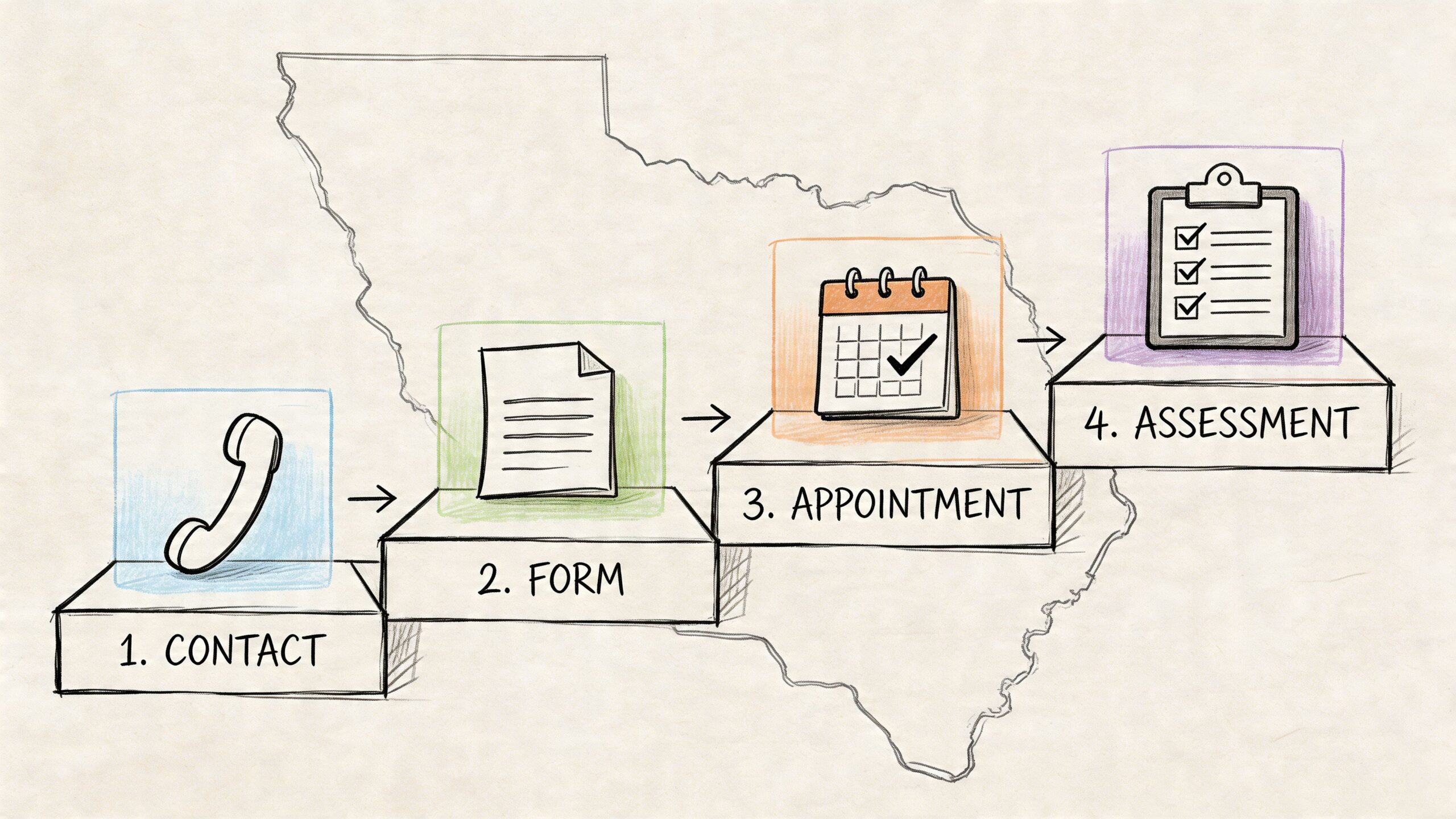 A diagram outlining a four-step process for an elderly driver evaluation: contact, form, appointment, and assessment.