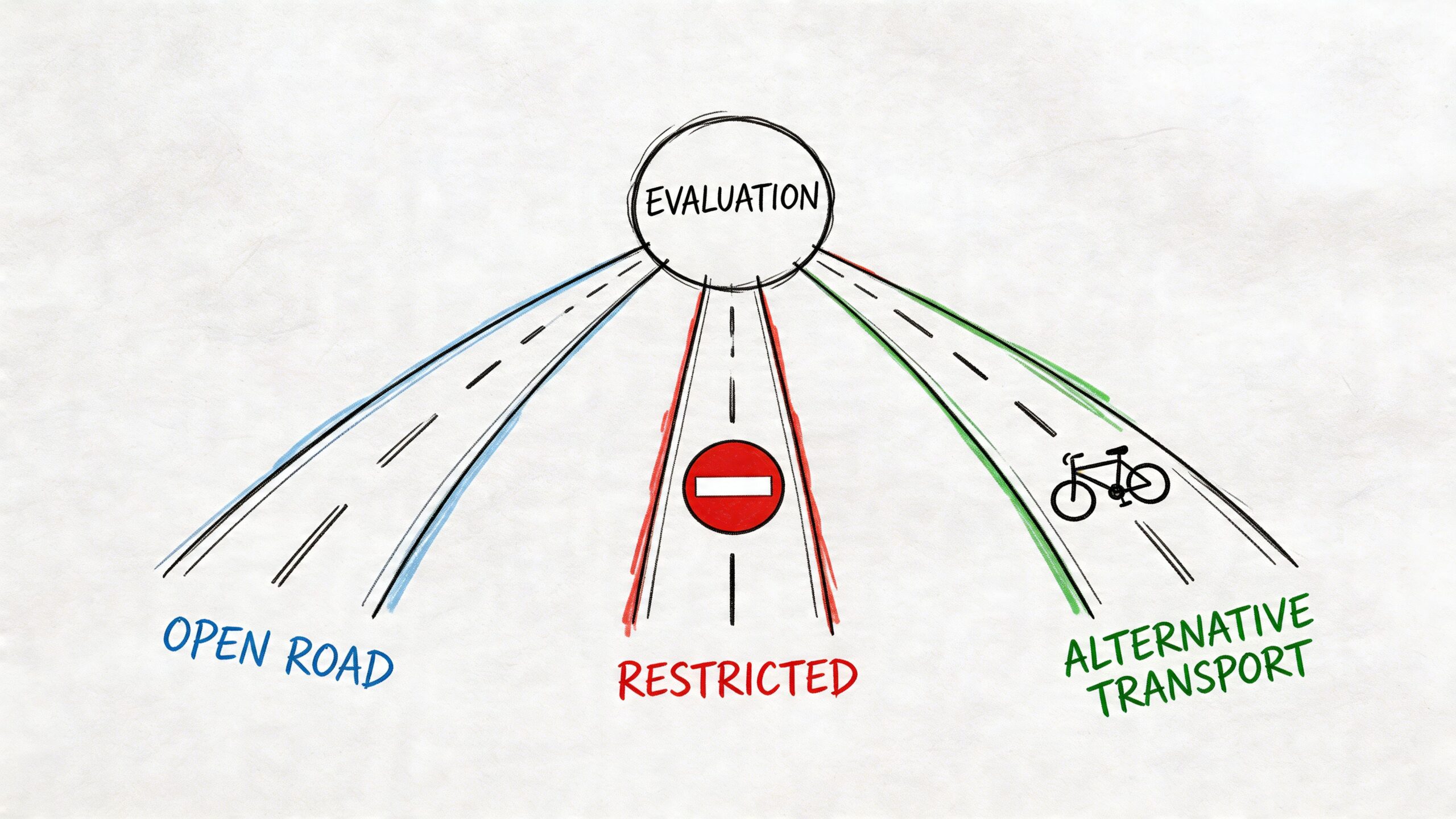 A hand-drawn diagram illustrating evaluation paths for open road, restricted access, and alternative transport options.