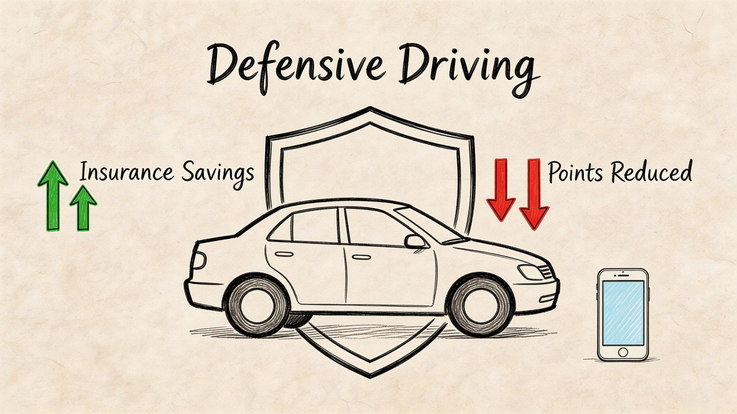 A hand-drawn illustration depicting defensive driving benefits including insurance savings and reduction of driving record points.