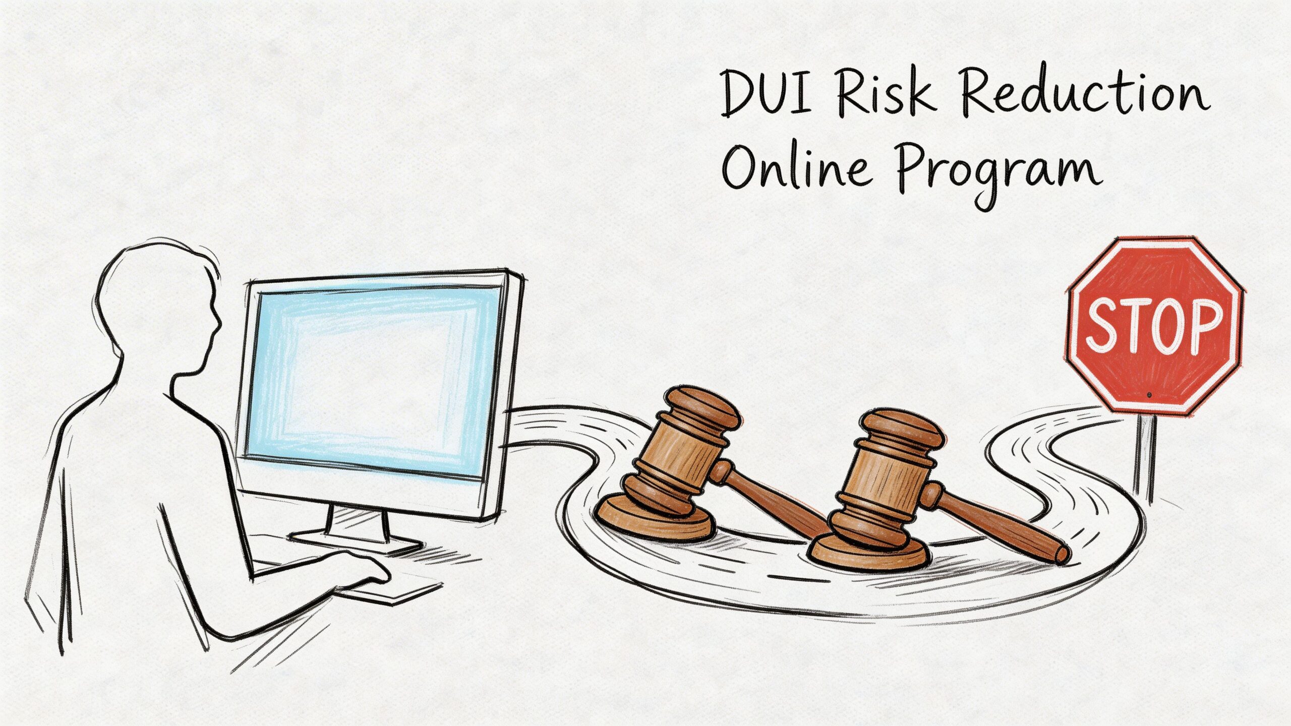 A person sitting at a computer for a DUI risk reduction program with legal gavels and road sign.