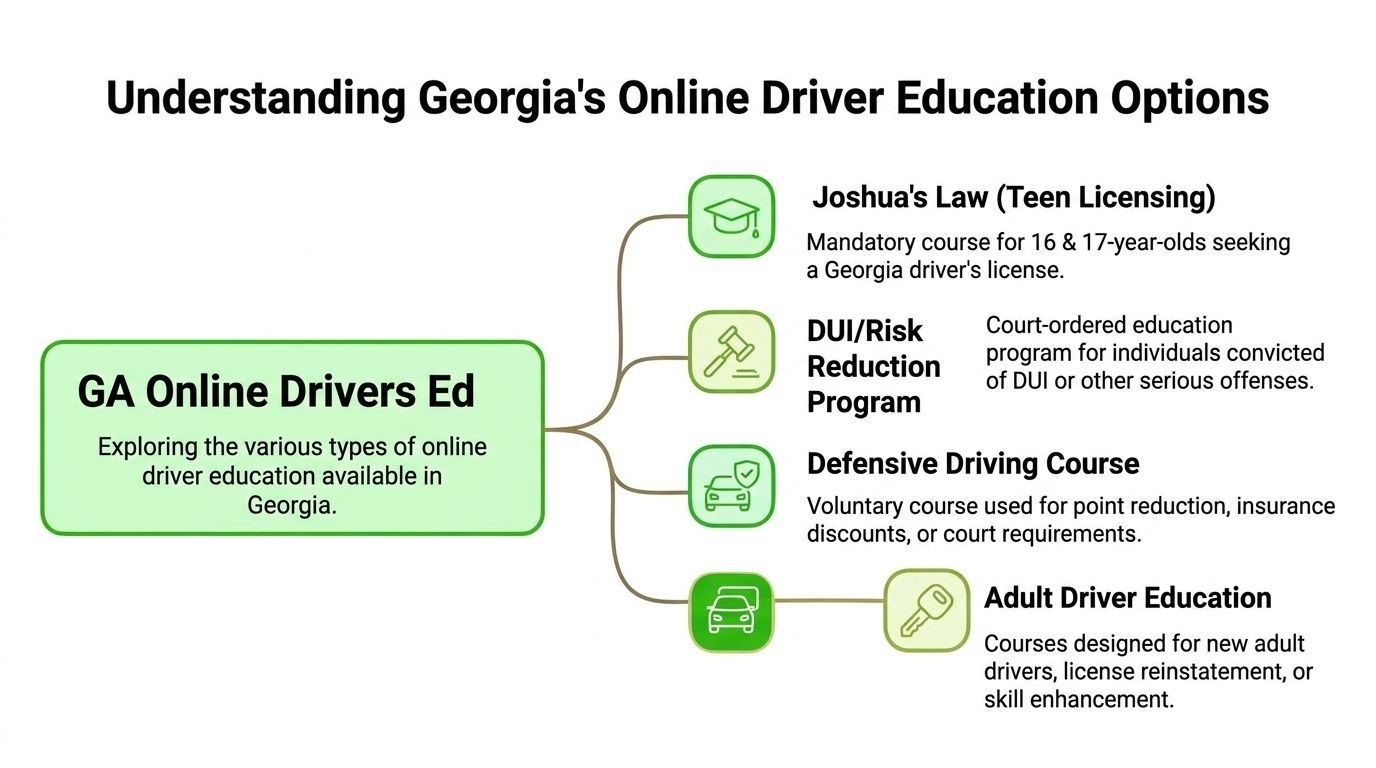 A flowchart detailing four different types of online driver education courses available for Georgia residents.