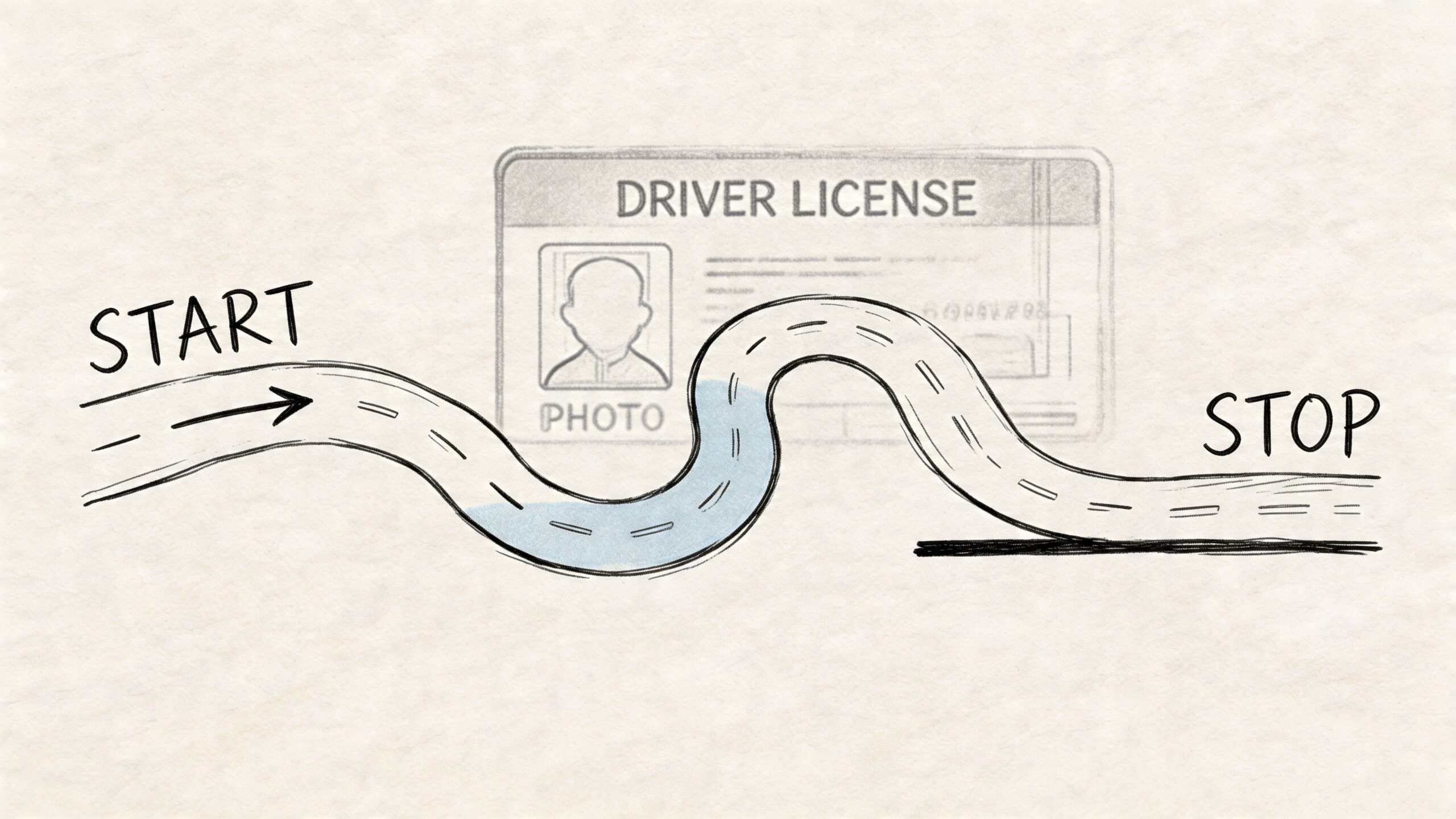 A conceptual illustration of a winding road leading to a driver license, symbolizing the DUI record process.