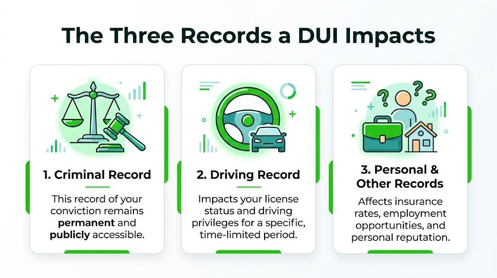 An infographic showing the three types of records impacted by a DUI conviction: criminal, driving, and personal.