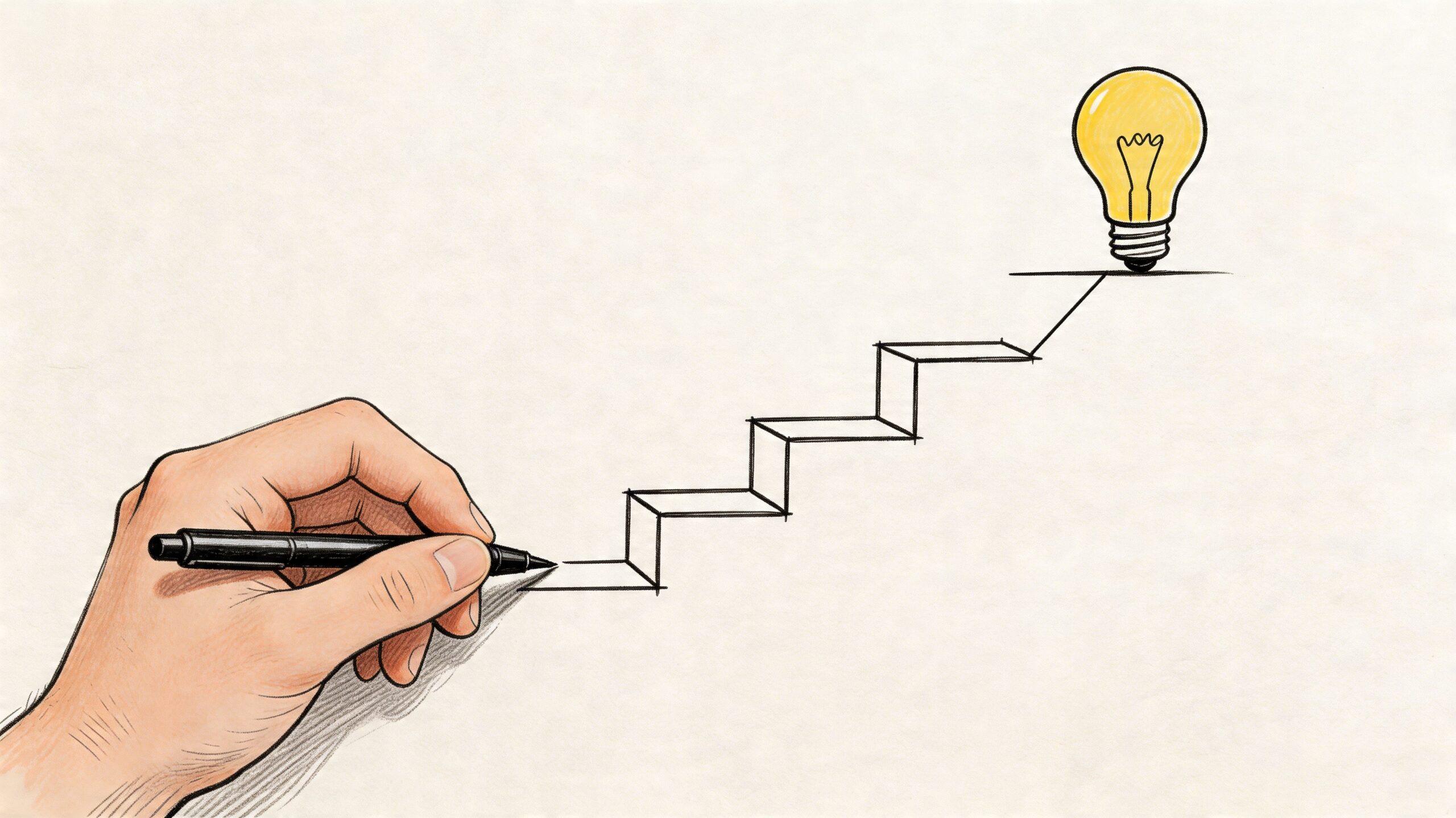 A hand drawing a staircase with a yellow light bulb at the top, representing progress and ideas.