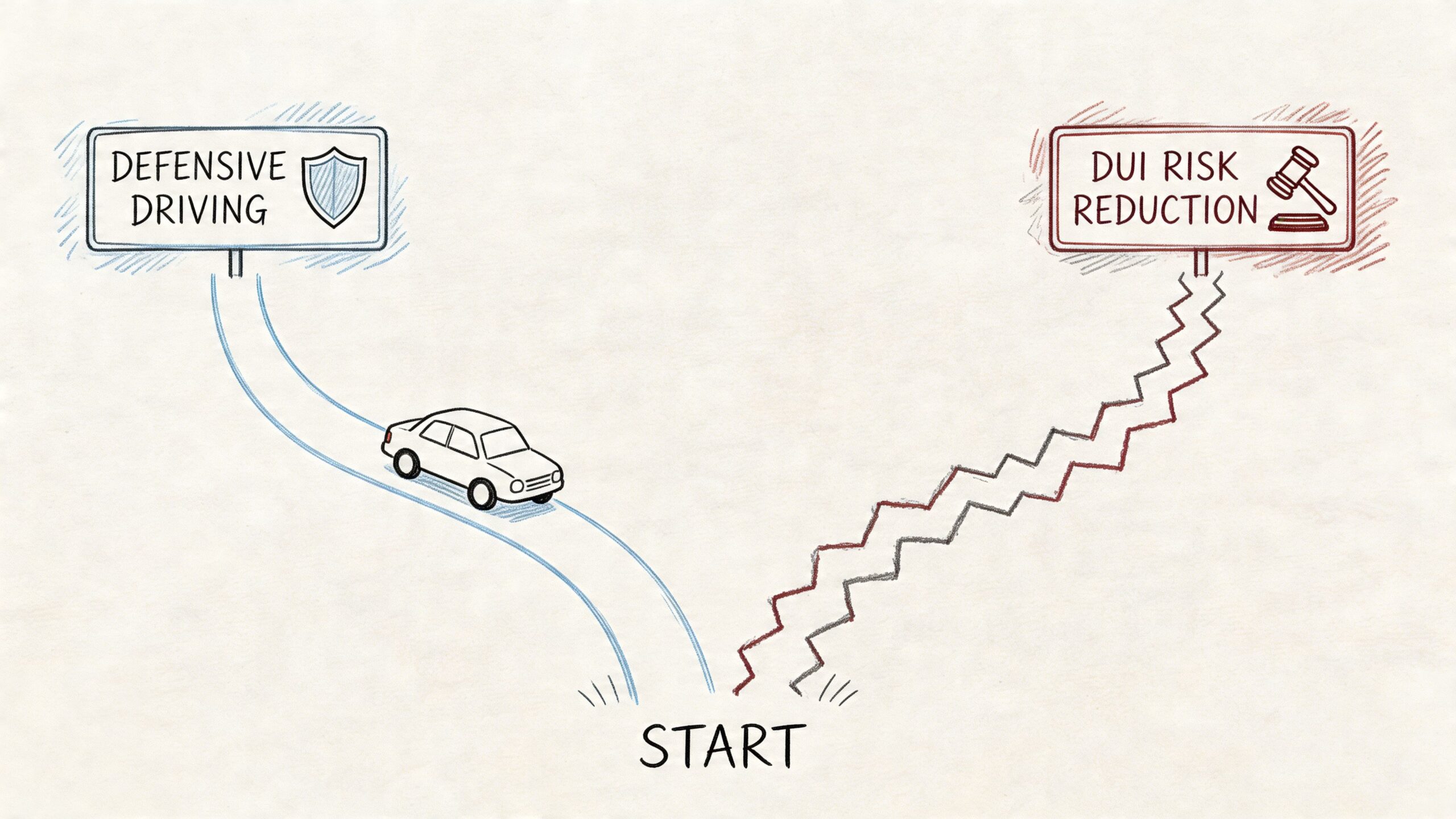An illustration showing a path choice between defensive driving and DUI risk reduction courses for drivers.