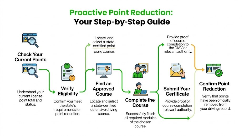 A step-by-step infographic illustrating how to proactively reduce driving license points through a certified course.