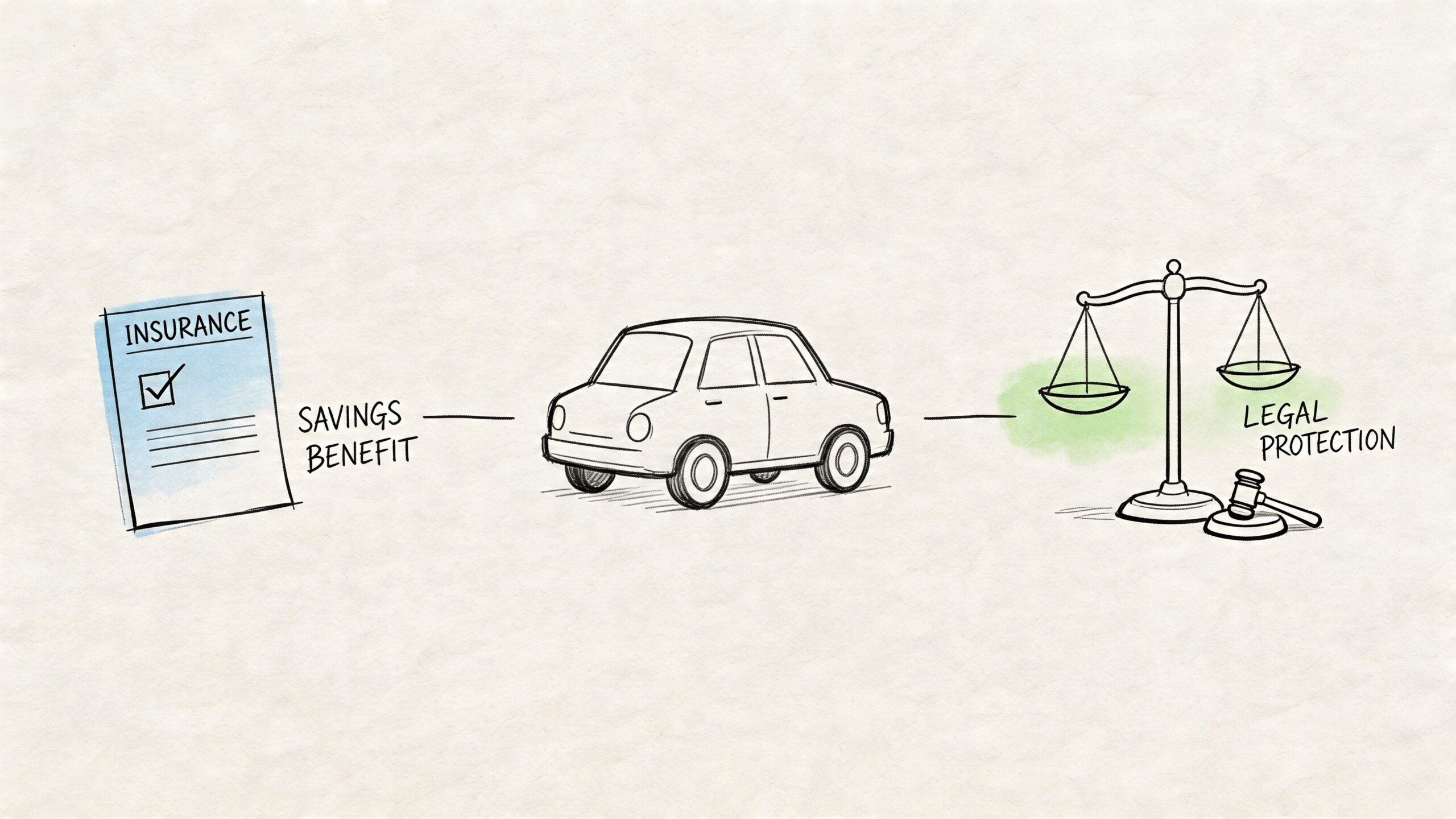 A conceptual illustration showing insurance document connected to a car and legal protection scale with gavel.