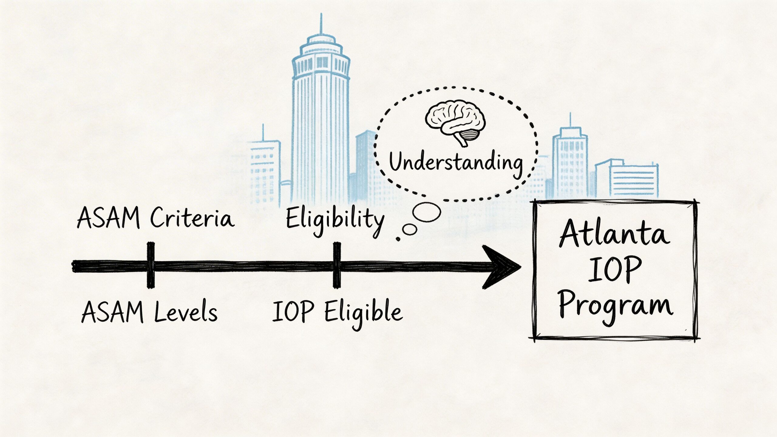 A diagram illustrating the process of determining eligibility for the Atlanta IOP program using ASAM criteria.