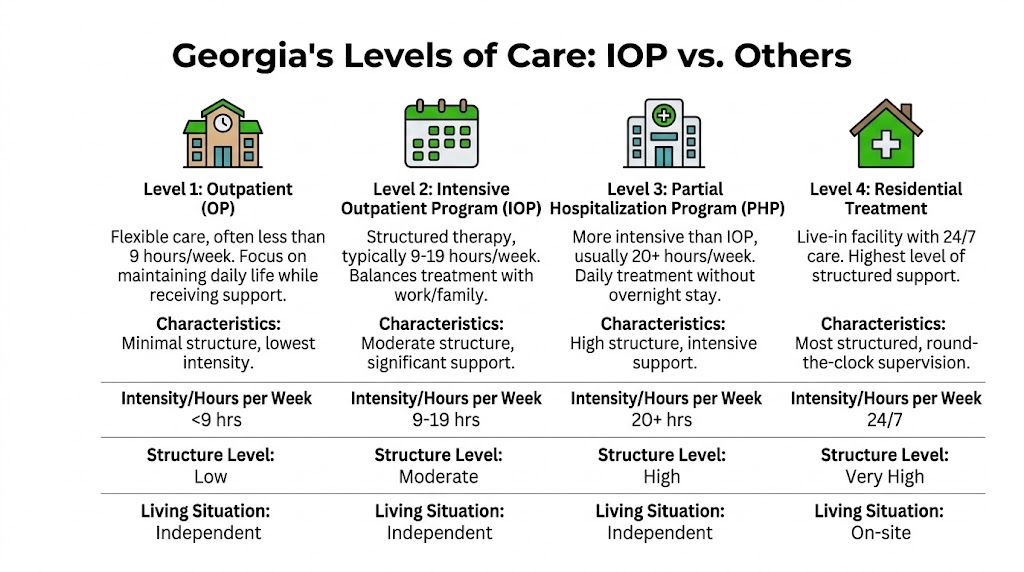 A chart comparing four levels of mental health care in Georgia, ranging from outpatient to residential treatment.