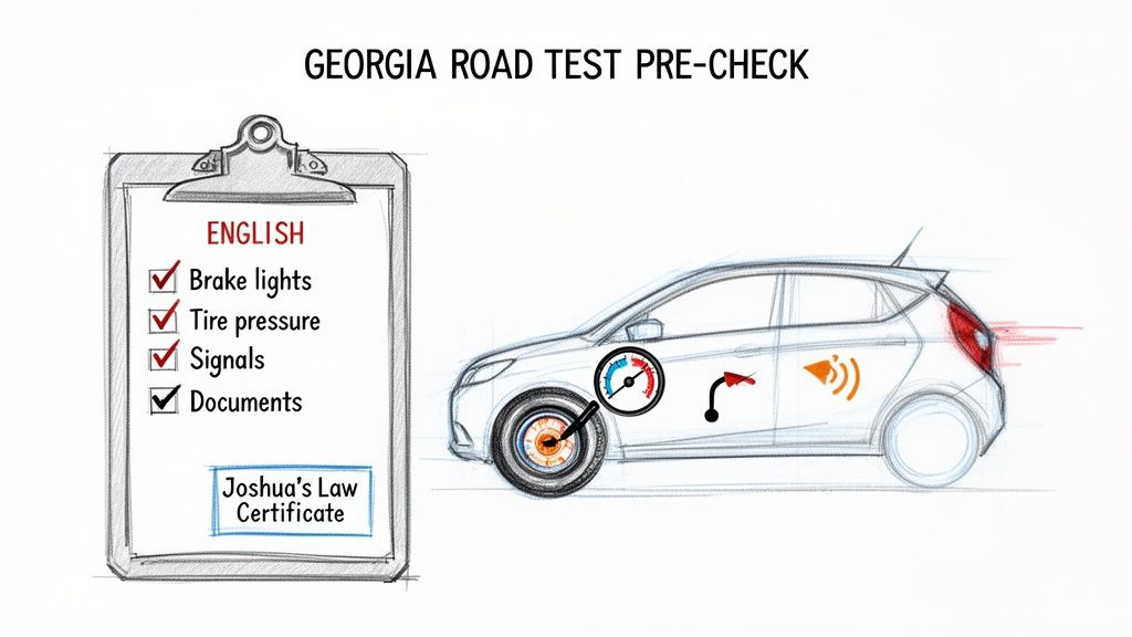 Illustration of a Georgia road test pre-check checklist with a car, highlighting safety features and required documents.