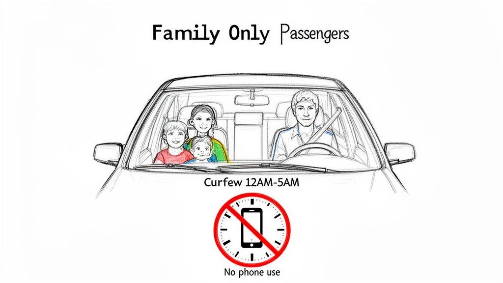 Sketch of a family in a car, with text rules: family-only passengers, a curfew, and no phone use.