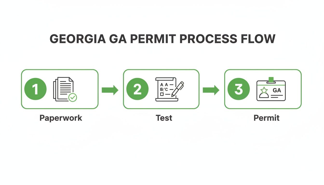A flowchart illustrating the Georgia GA permit process: step 1 paperwork, step 2 test, step 3 permit.