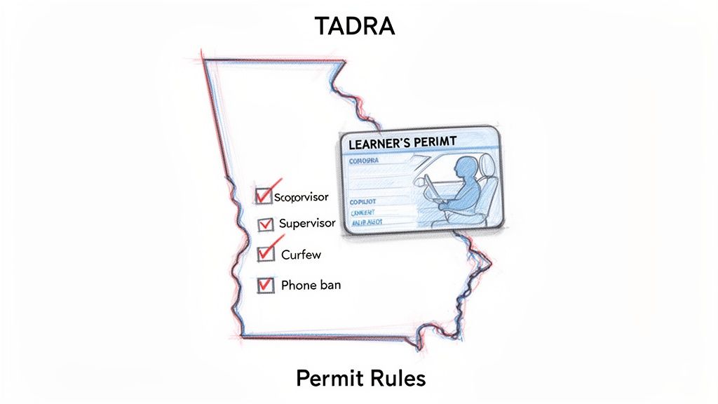 Illustration of TADRA learner's permit rules in Georgia, including supervisor, curfew, and phone ban.