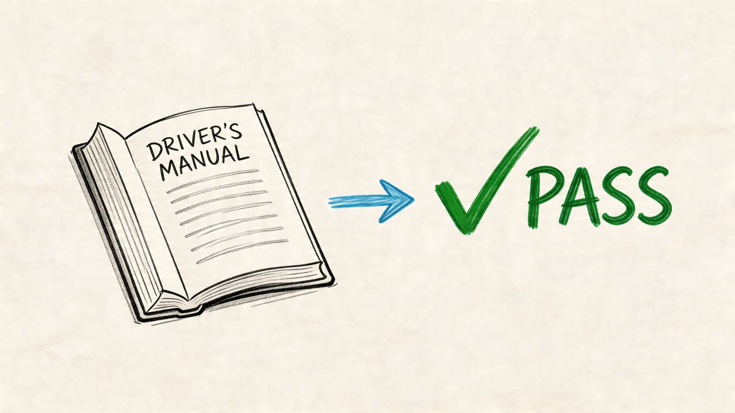 A hand-drawn illustration showing a driver's manual leading to a green checkmark and the word pass.