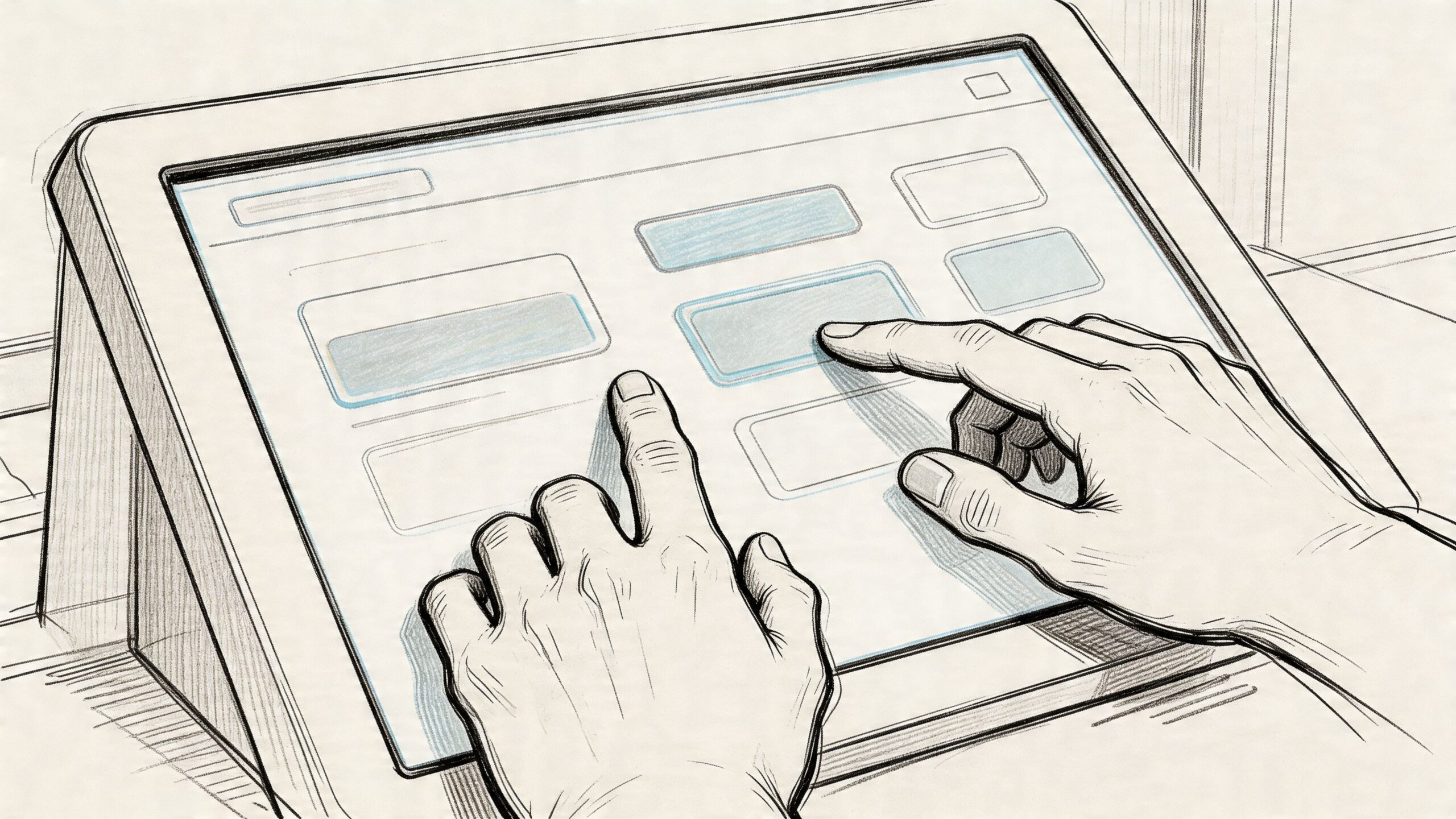 A line-drawn illustration of a person interacting with a touchscreen device interface featuring multiple selection buttons.