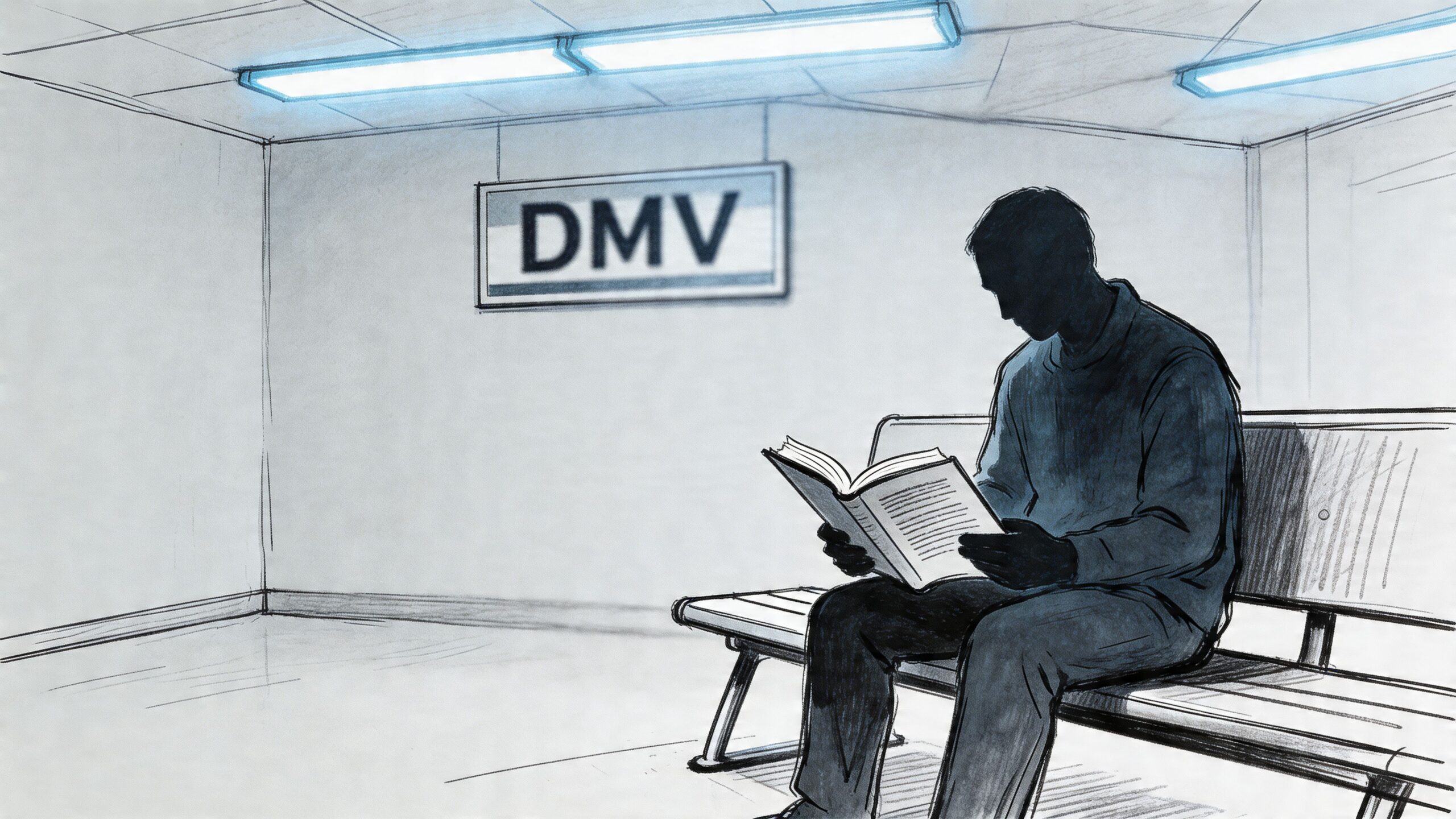 A silhouette of a man sitting alone on a waiting room bench reading a book at the DMV.
