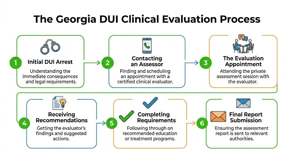 A six-step flow chart illustrating the Georgia DUI clinical evaluation process from arrest to final report submission.
