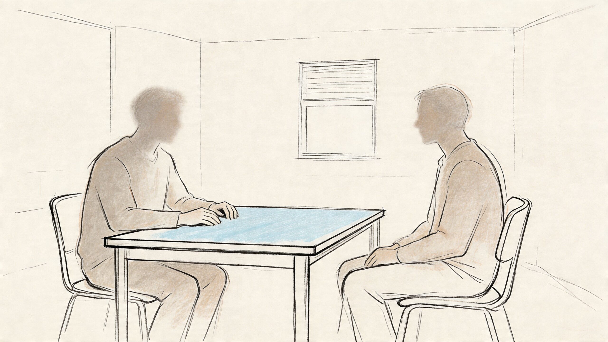 Two men sitting at a table in a room during a professional interview or clinical assessment.