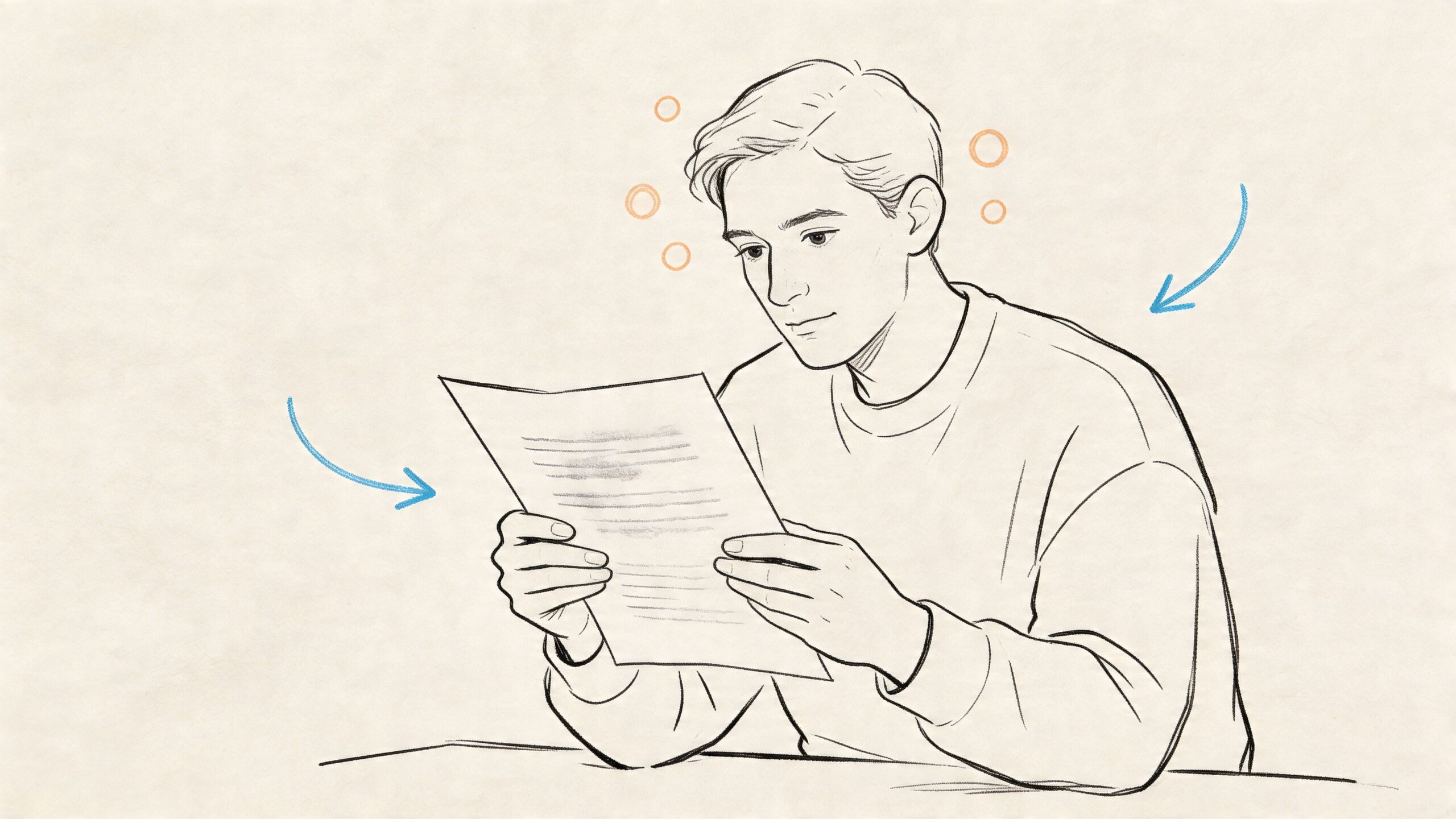 A line art illustration of a young man reading a document with arrows pointing toward him.